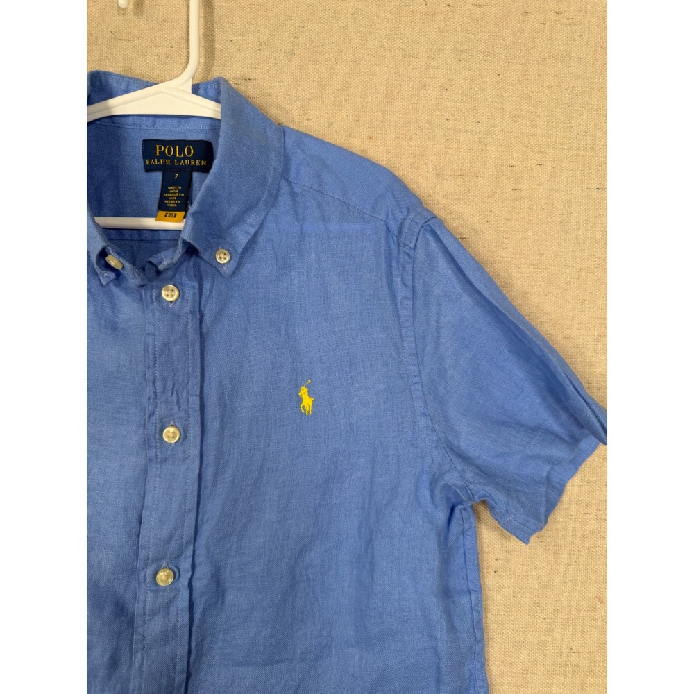 Polo Ralph Lauren Boys Blue Linen Short Sleeve Button Down Shirt Size 7